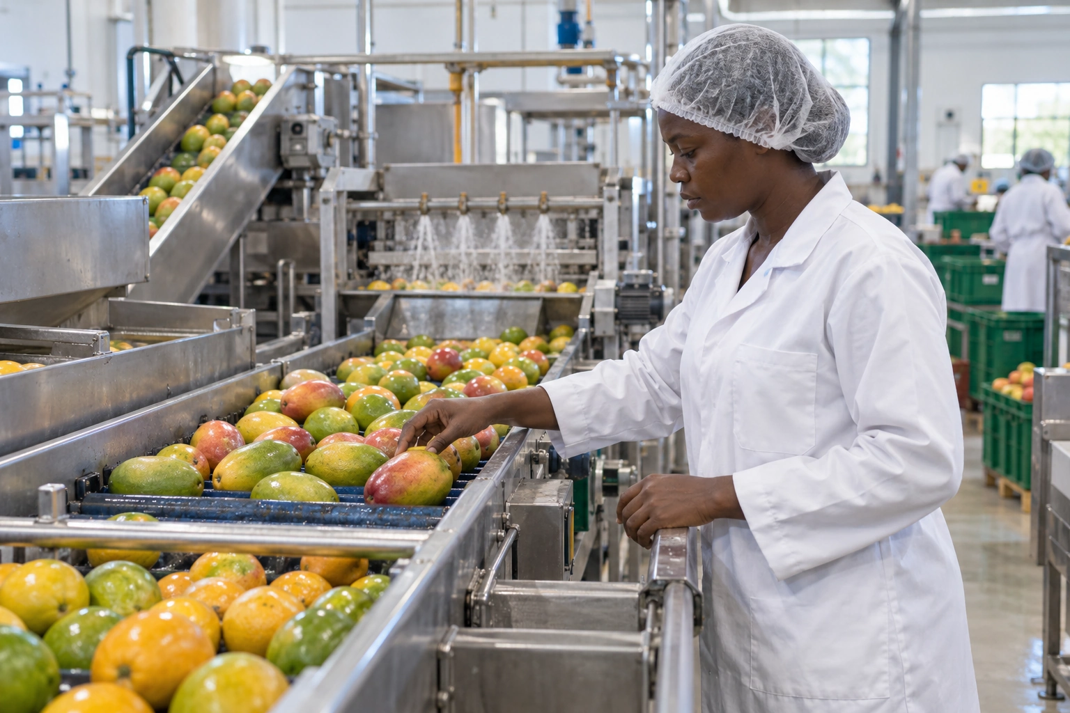 Une professionnelle supervise une ligne de transformation agroalimentaire.