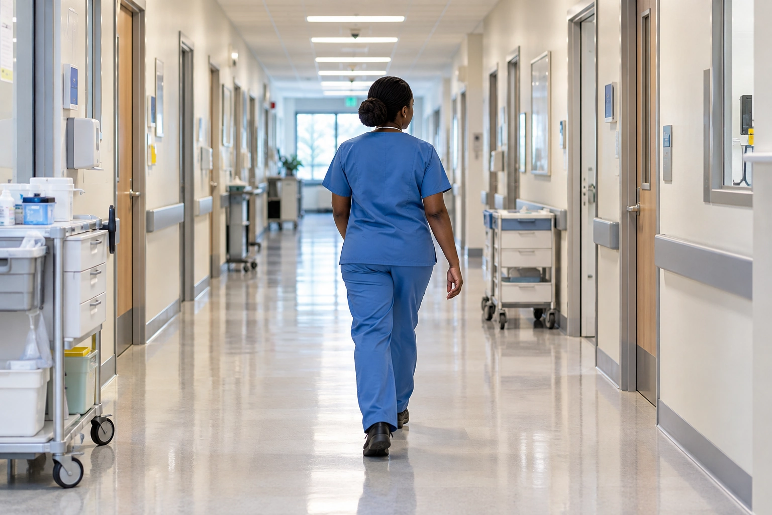 Une soignante en tenue bleue dans le couloir lumineux d’un établissement de santé.