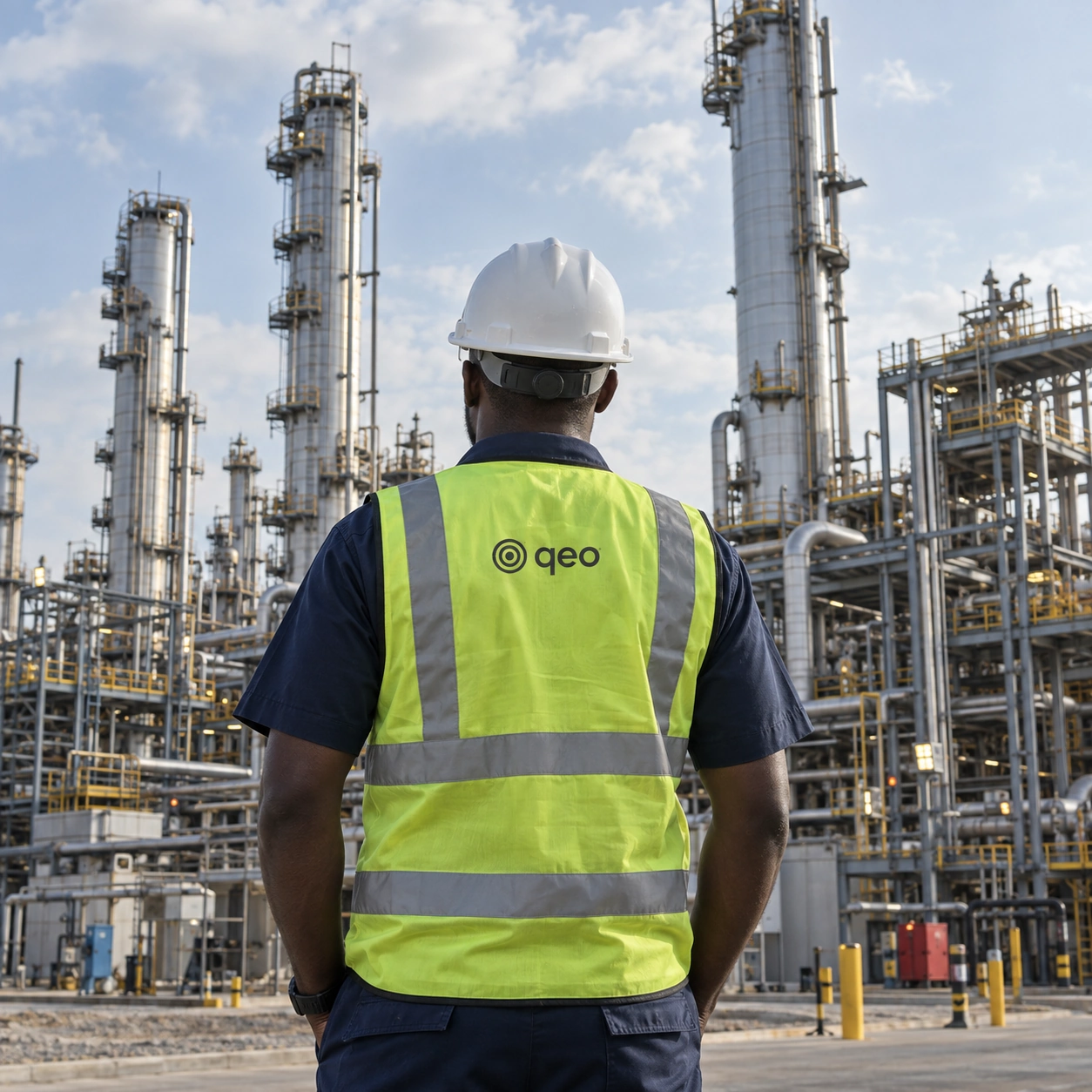 Un professionnel QEO en casque et gilet de sécurité dans une installation industrielle.