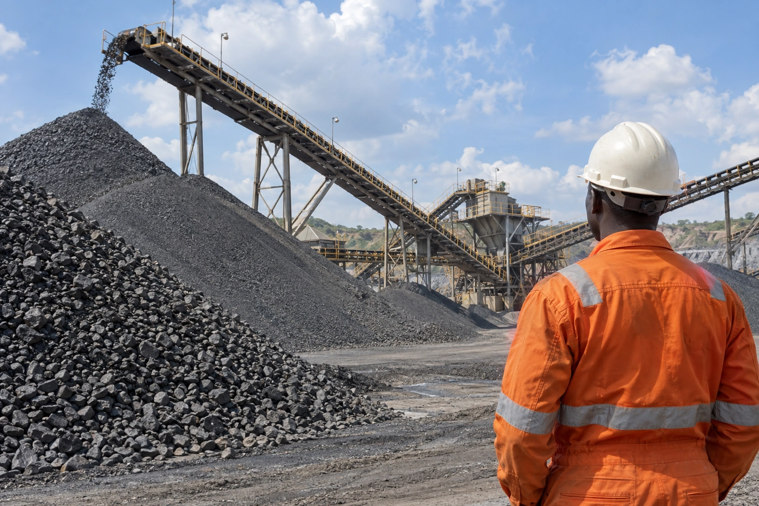 Un professionnel en tenue orange près d’un convoyeur sur un site minier.
