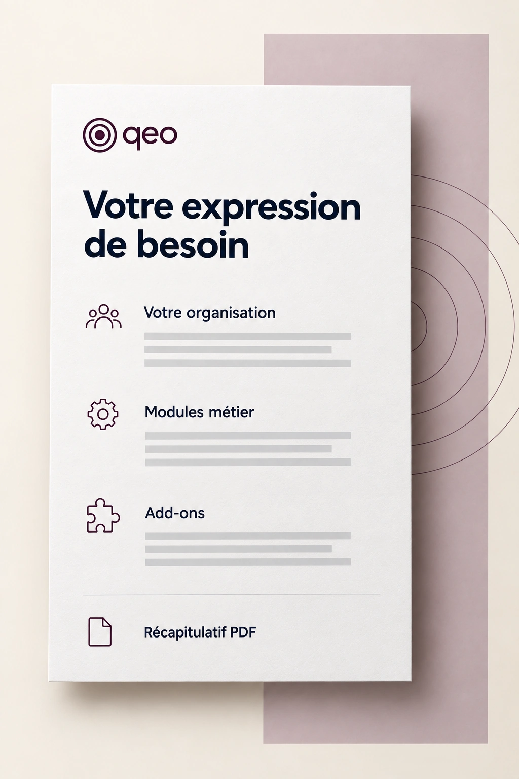 Exemple de récapitulatif QEO à télécharger en PDF : votre organisation, les modules métier et les add-ons choisis.