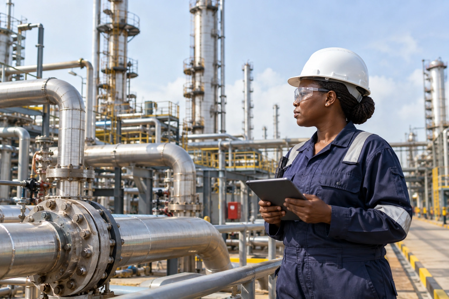 Une ingénieure en tenue de sécurité sur un site pétrolier et gazier.