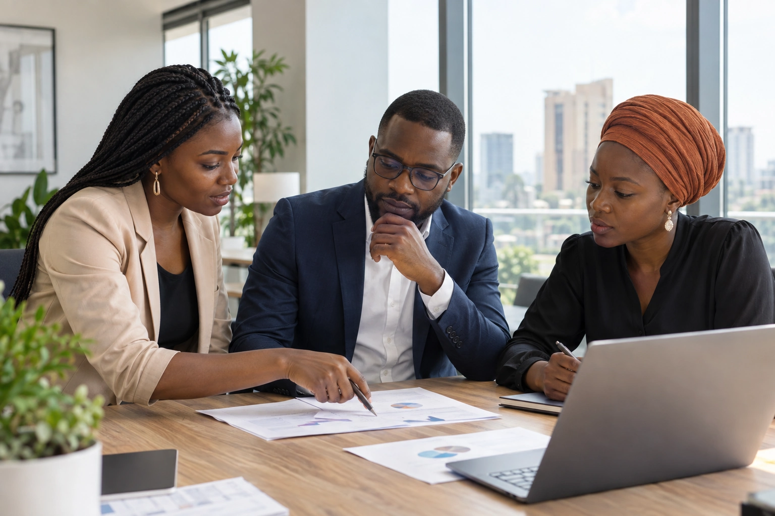 Une équipe de consultants échange autour de documents dans des bureaux lumineux.