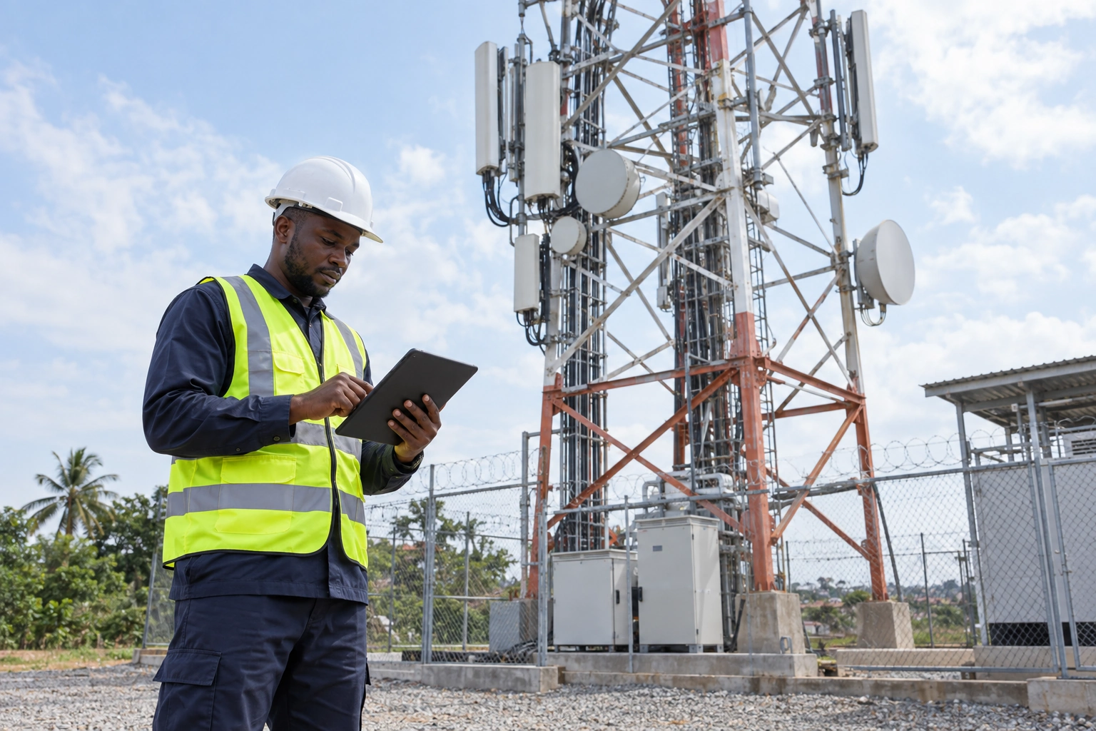 Un technicien examine une tablette au pied d’une installation télécom.